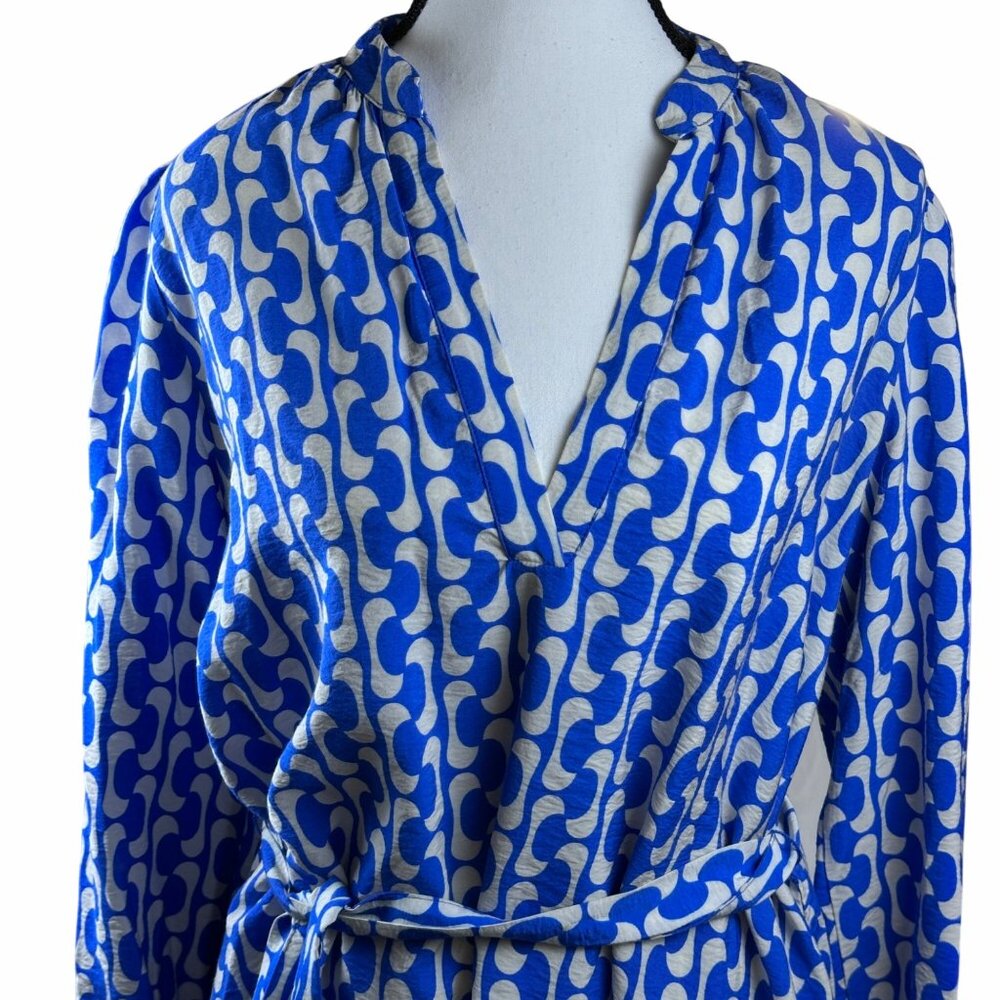 Zara Womens Blue White Flowy Dress With Belt Long Sleeves Ruffle Hem Size S - Picture 7 of 13